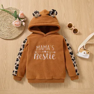 Toddler Girl Letter Embroidered Leopard Ear Design Polar Fleece Fuzzy Hoodie Sweatshirt