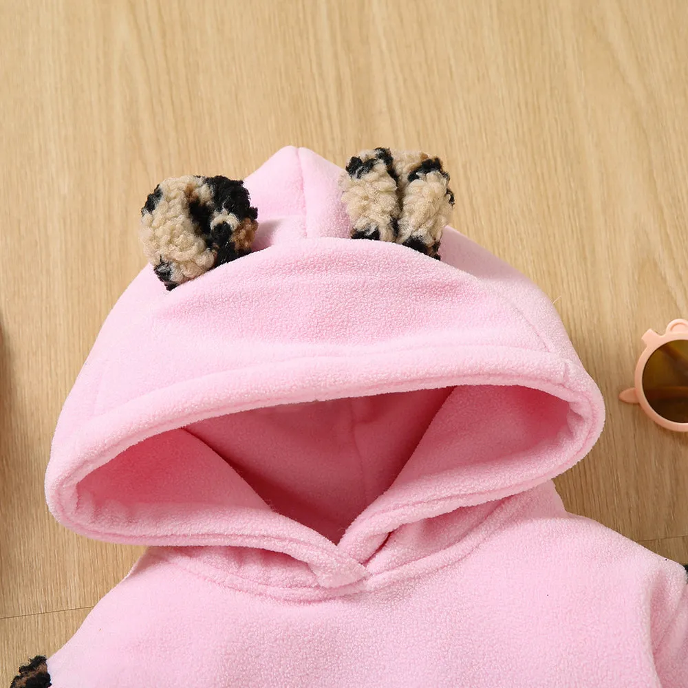 Toddler Girl Letter Embroidered Leopard Ear Design Polar Fleece Fuzzy Hoodie Sweatshirt