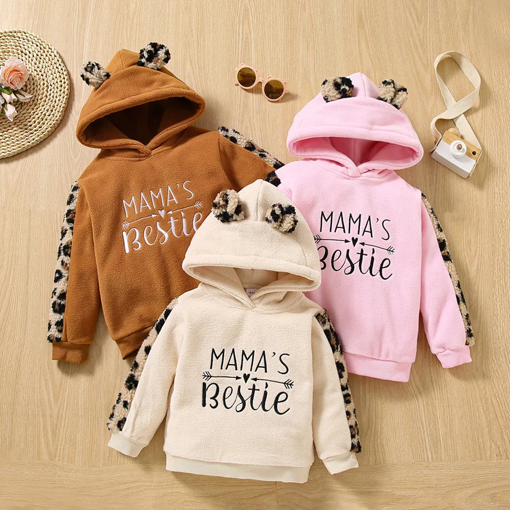 Toddler Girl Letter Embroidered Leopard Ear Design Polar Fleece Fuzzy Hoodie Sweatshirt