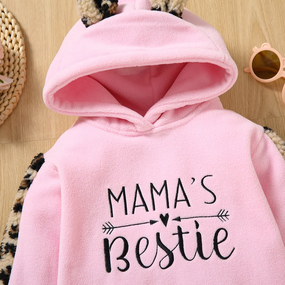 Toddler Girl Letter Embroidered Leopard Ear Design Polar Fleece Fuzzy Hoodie Sweatshirt