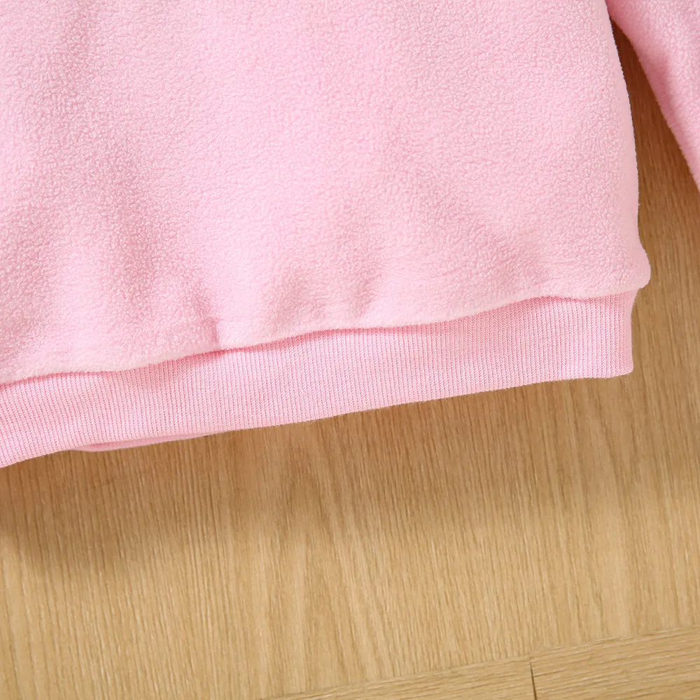Toddler Girl Letter Embroidered Leopard Ear Design Polar Fleece Fuzzy Hoodie Sweatshirt