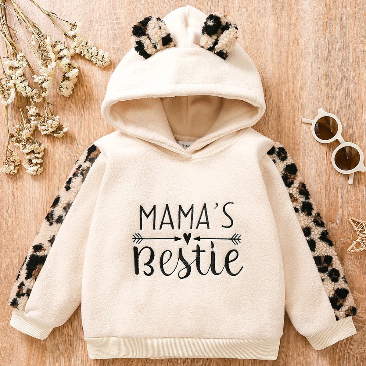 Toddler Girl Letter Embroidered Leopard Ear Design Polar Fleece Fuzzy Hoodie Sweatshirt
