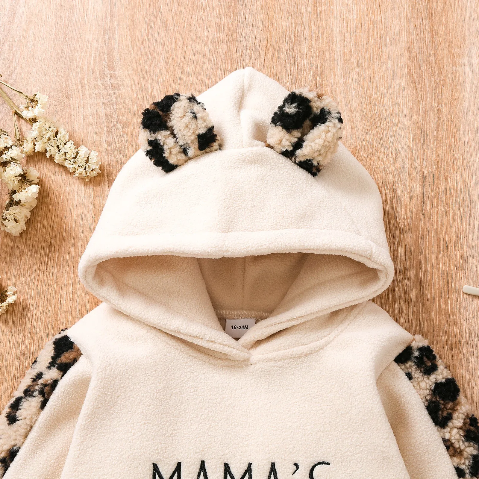 Toddler Girl Letter Embroidered Leopard Ear Design Polar Fleece Fuzzy Hoodie Sweatshirt