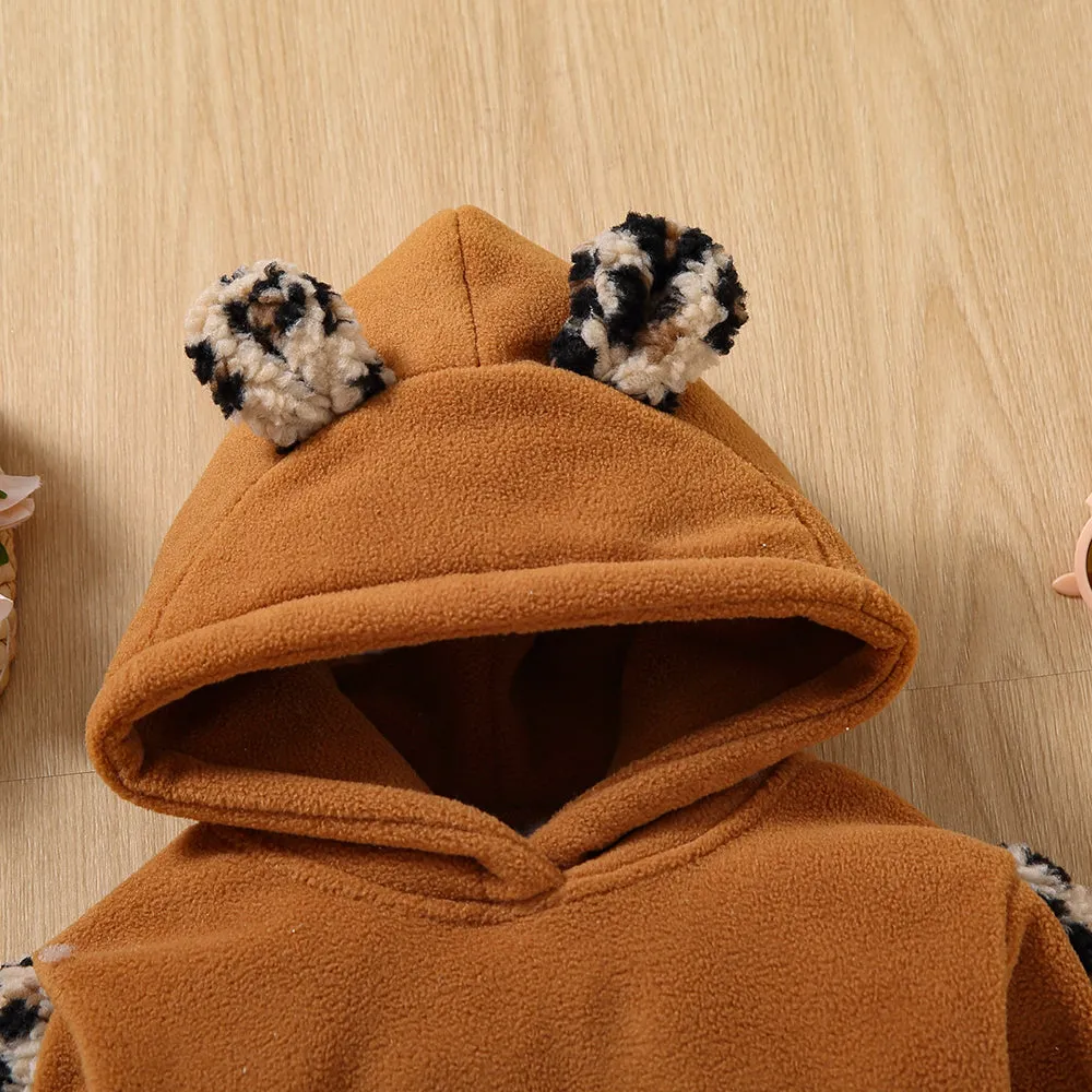 Toddler Girl Letter Embroidered Leopard Ear Design Polar Fleece Fuzzy Hoodie Sweatshirt
