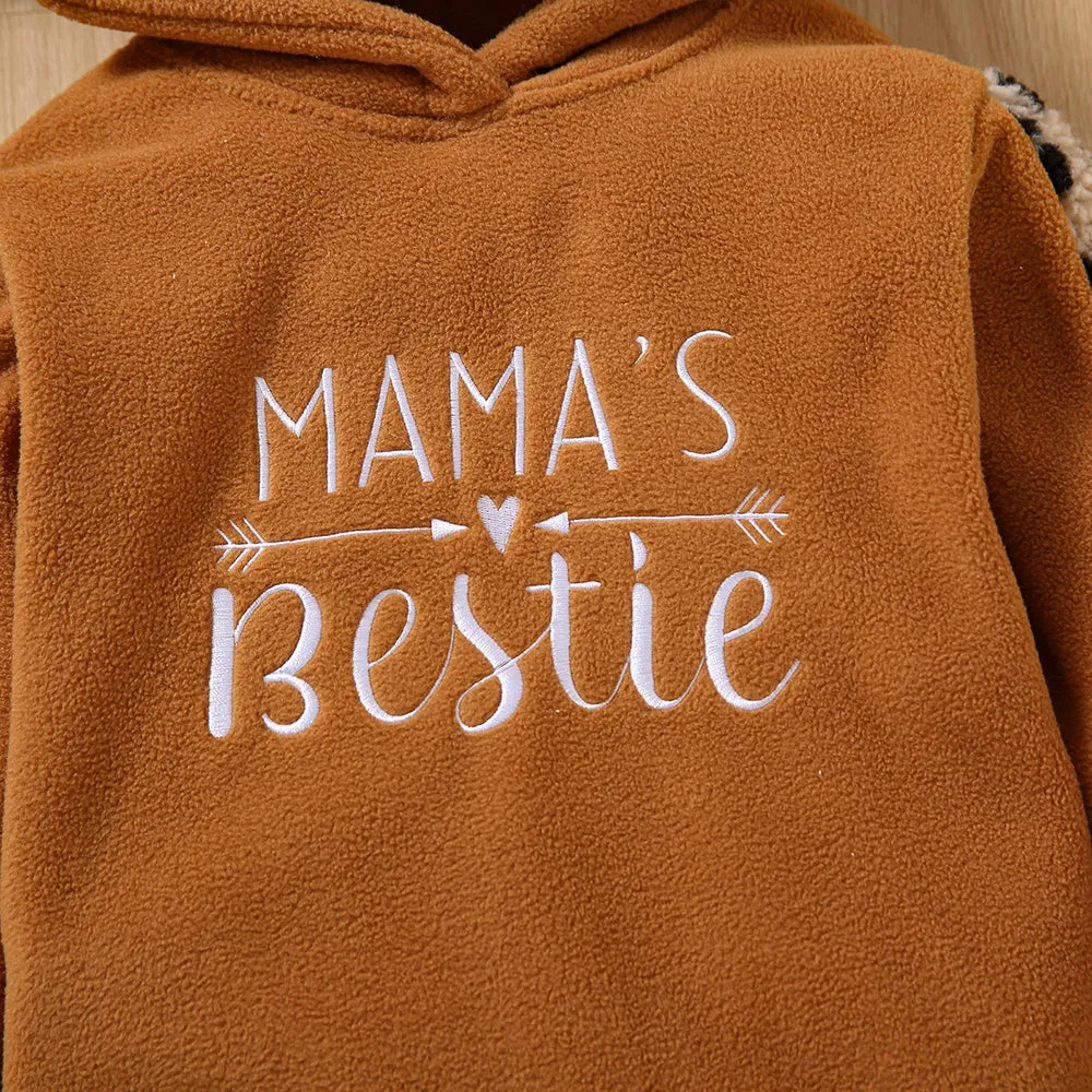 Toddler Girl Letter Embroidered Leopard Ear Design Polar Fleece Fuzzy Hoodie Sweatshirt