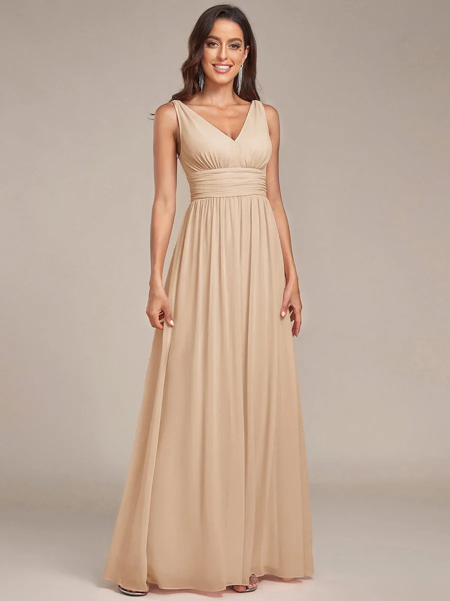 V Neck Sleeveless Pleated Chiffon Evening Dress