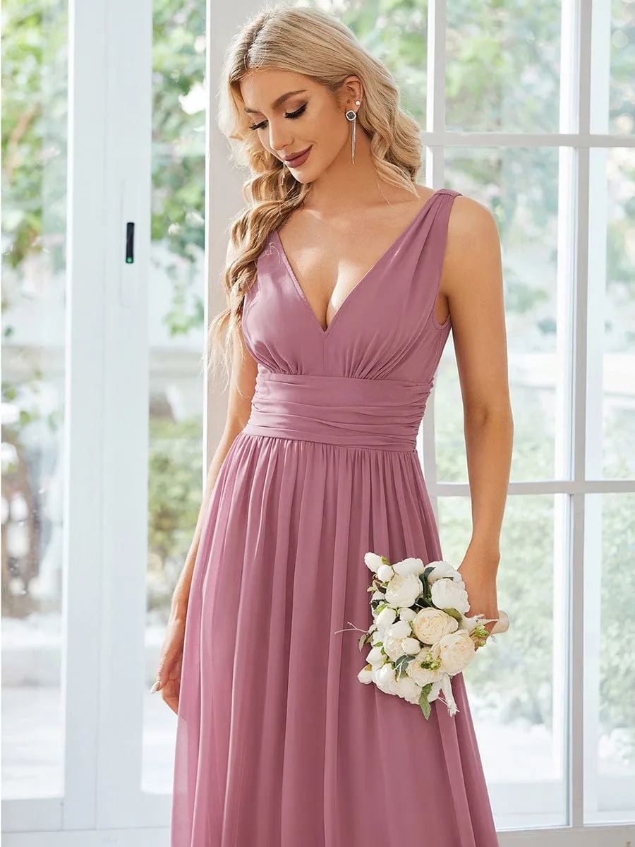 V Neck Sleeveless Pleated Chiffon Evening Dress