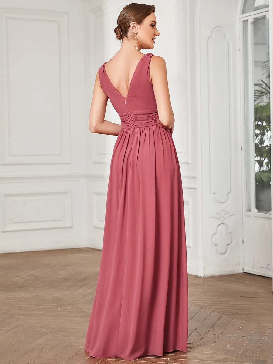 V Neck Sleeveless Pleated Chiffon Evening Dress