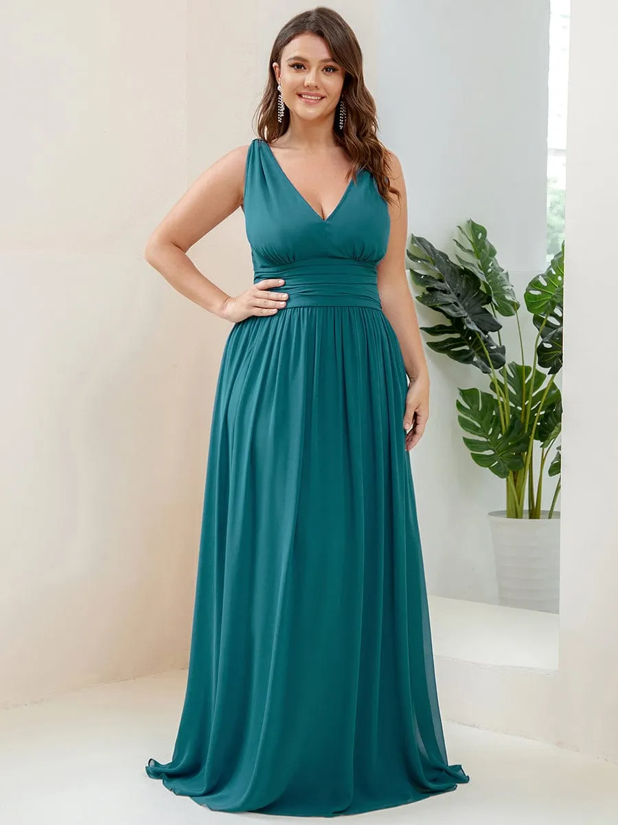 V Neck Sleeveless Pleated Chiffon Evening Dress