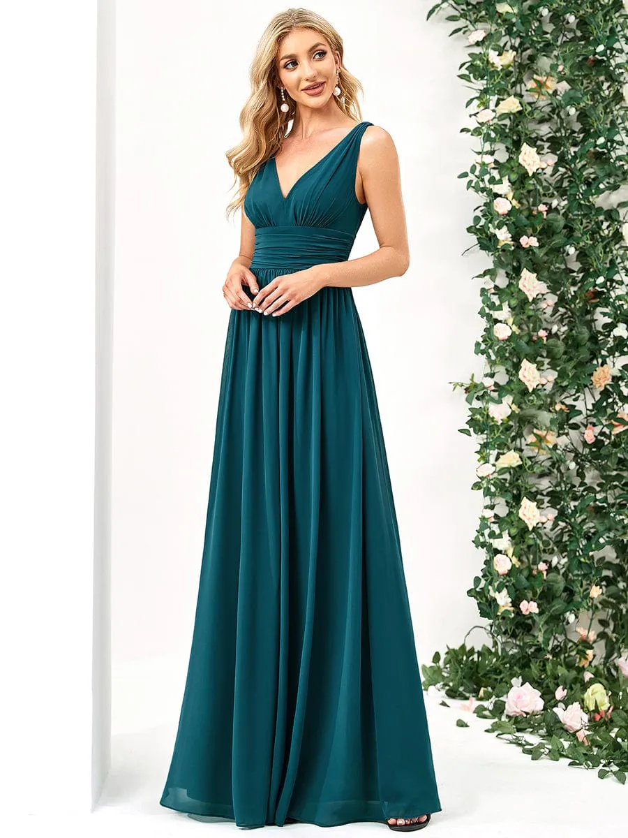 V Neck Sleeveless Pleated Chiffon Evening Dress
