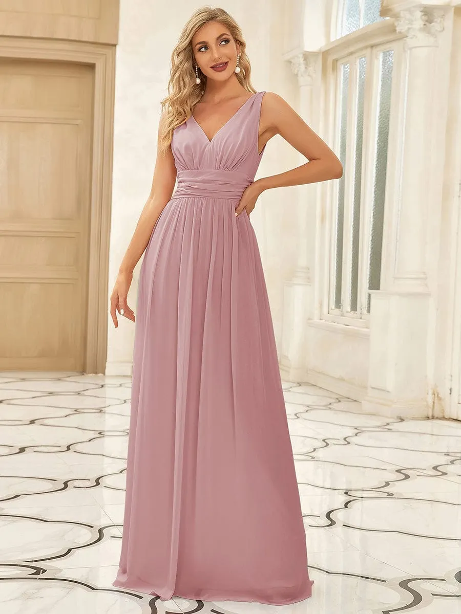 V Neck Sleeveless Pleated Chiffon Evening Dress