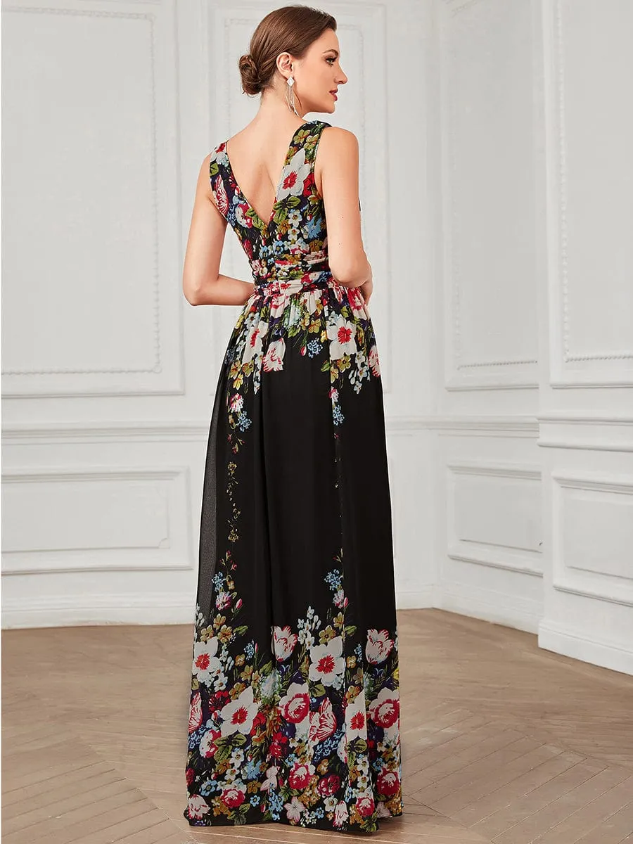 V Neck Sleeveless Pleated Chiffon Evening Dress