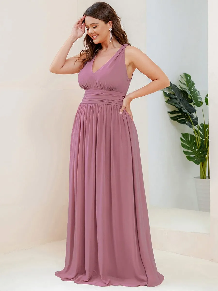 V Neck Sleeveless Pleated Chiffon Evening Dress