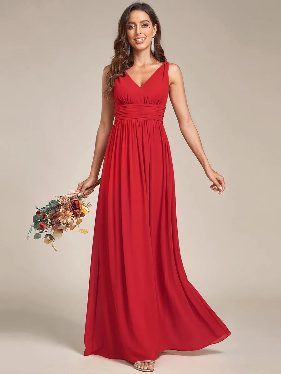 V Neck Sleeveless Pleated Chiffon Evening Dress