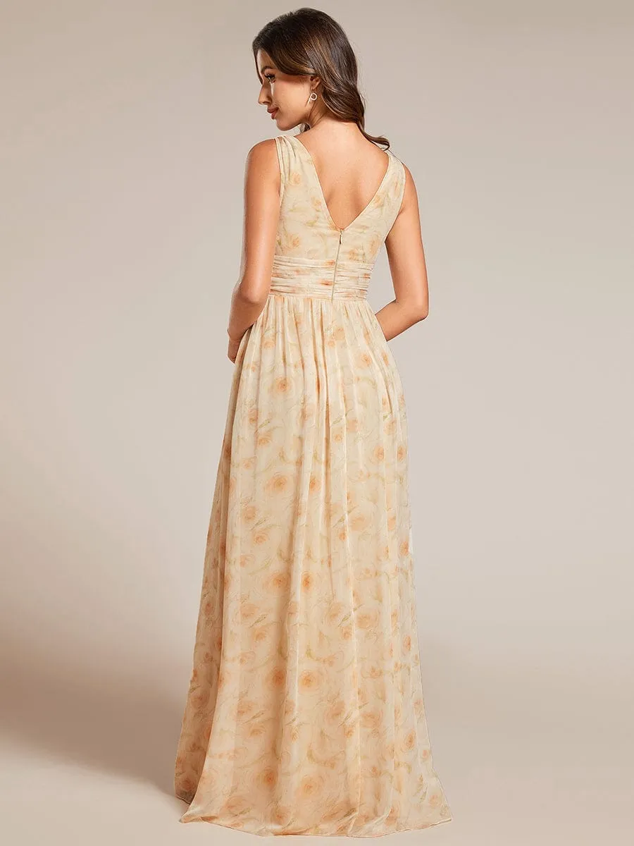 V Neck Sleeveless Pleated Chiffon Evening Dress
