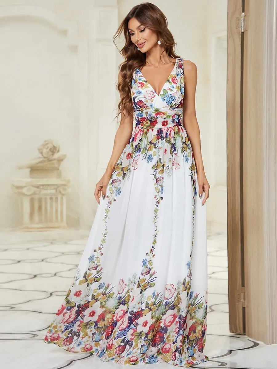 V Neck Sleeveless Pleated Chiffon Evening Dress