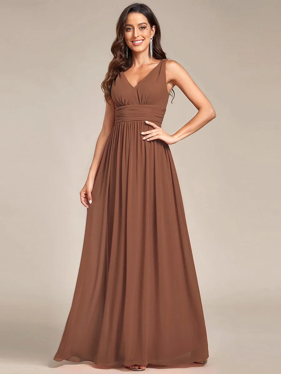 V Neck Sleeveless Pleated Chiffon Evening Dress