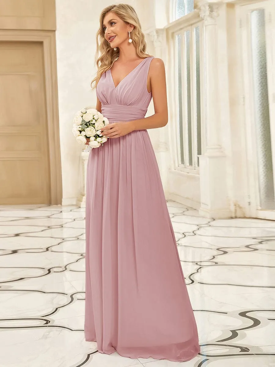 V Neck Sleeveless Pleated Chiffon Evening Dress