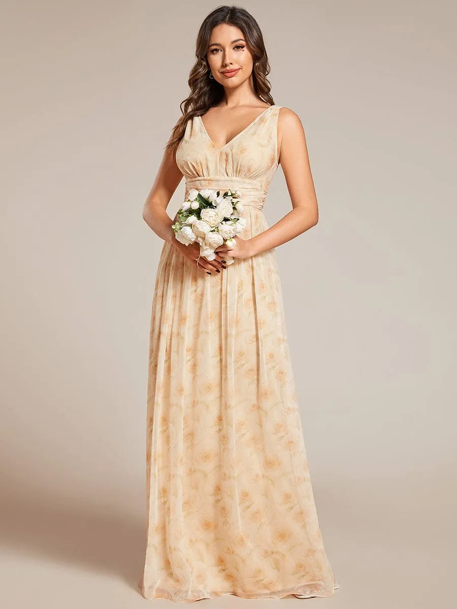 V Neck Sleeveless Pleated Chiffon Evening Dress