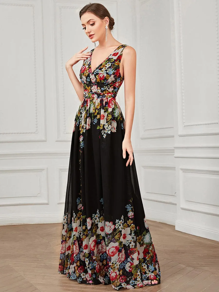 V Neck Sleeveless Pleated Chiffon Evening Dress