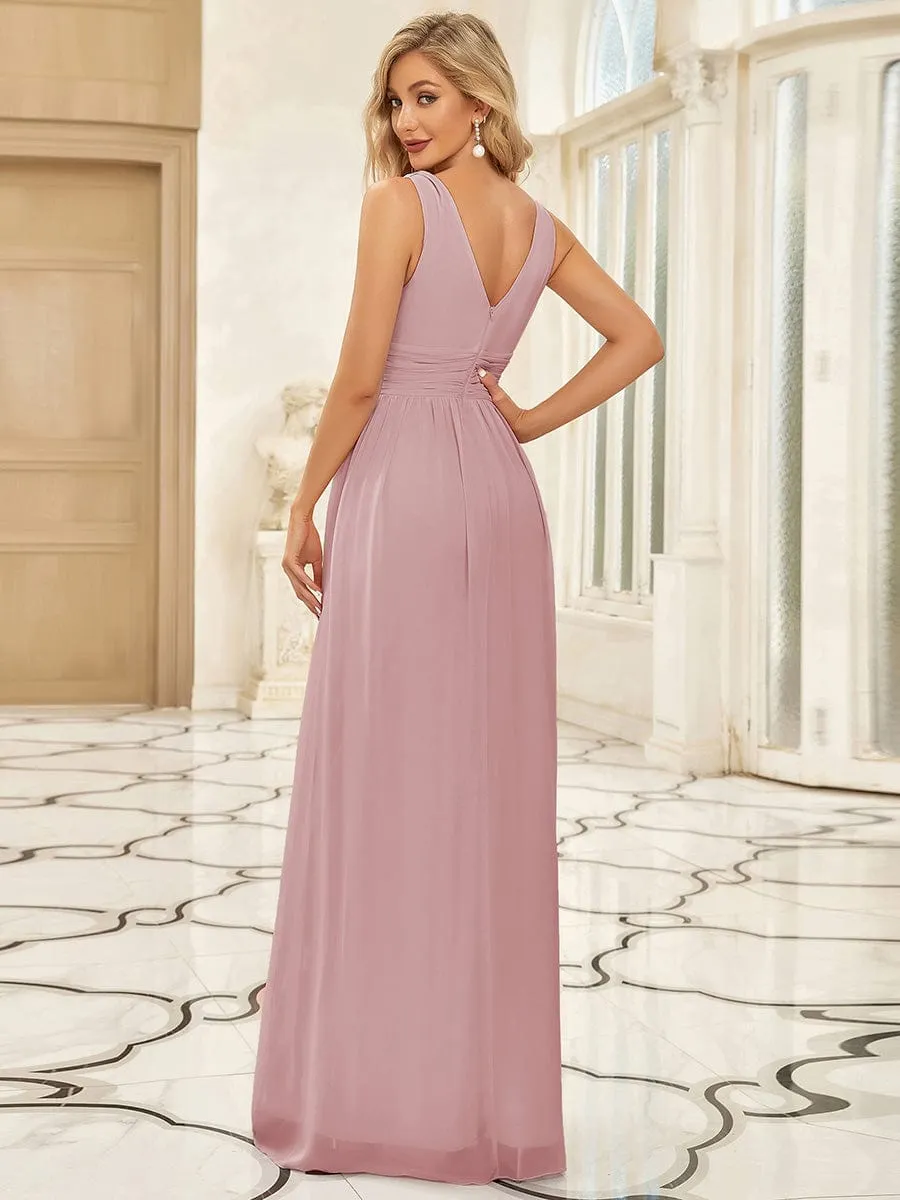 V Neck Sleeveless Pleated Chiffon Evening Dress