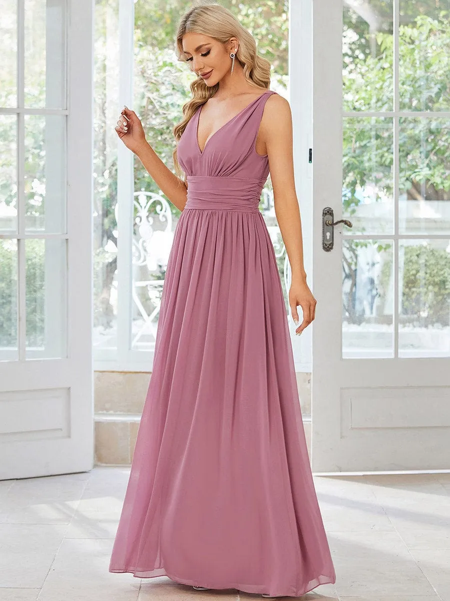 V Neck Sleeveless Pleated Chiffon Evening Dress