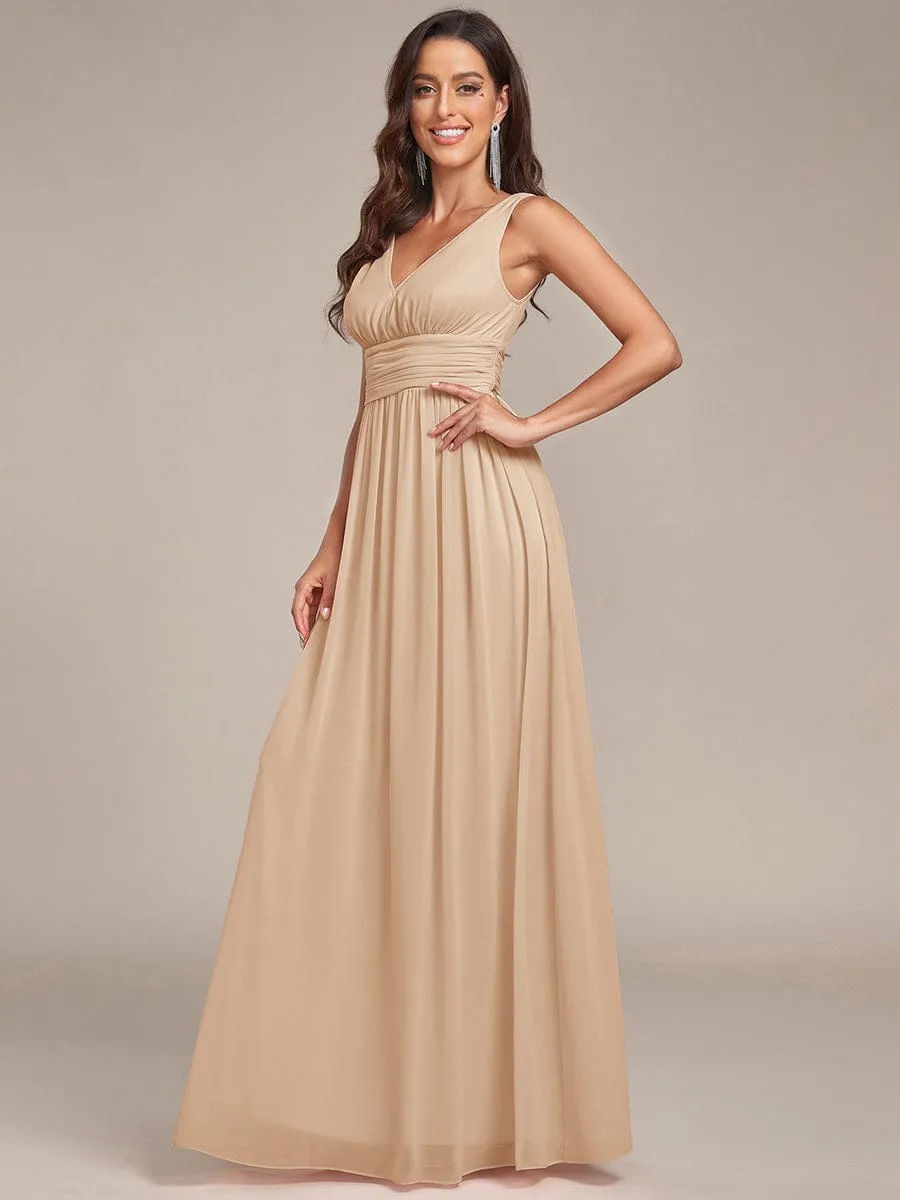 V Neck Sleeveless Pleated Chiffon Evening Dress