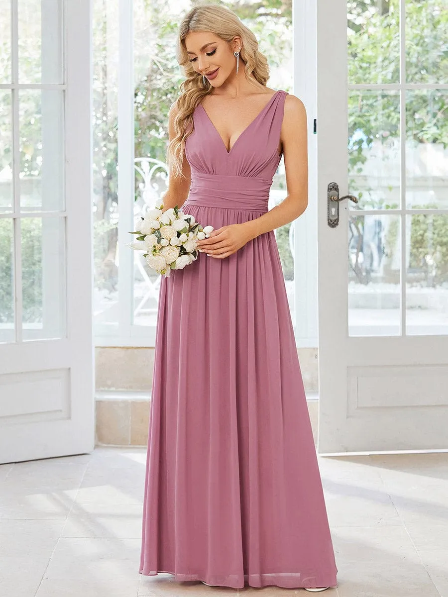 V Neck Sleeveless Pleated Chiffon Evening Dress