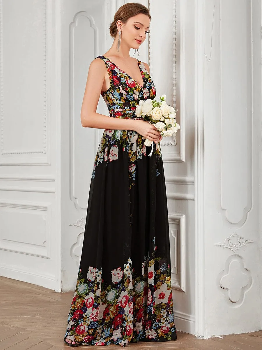 V Neck Sleeveless Pleated Chiffon Evening Dress