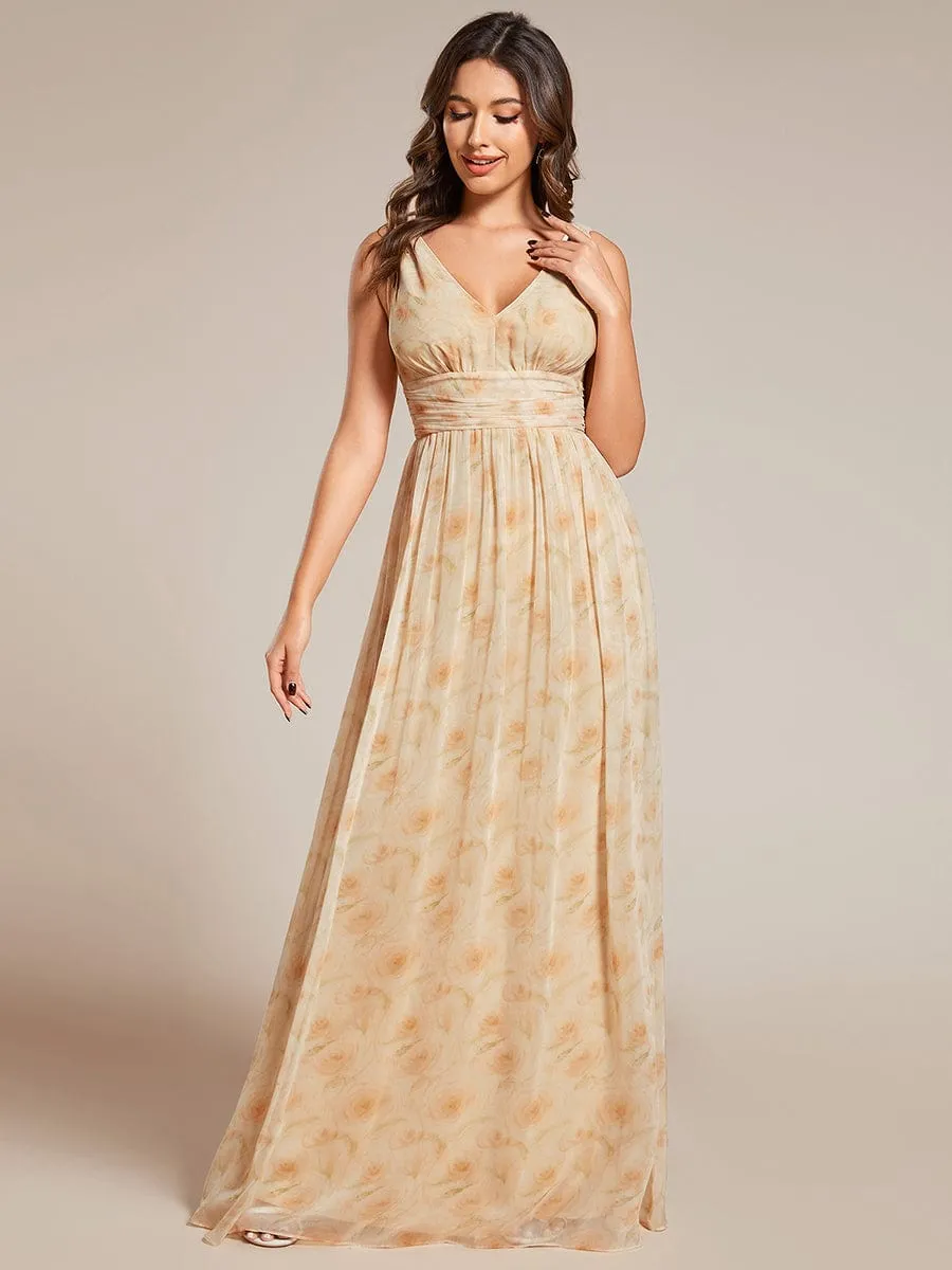 V Neck Sleeveless Pleated Chiffon Evening Dress