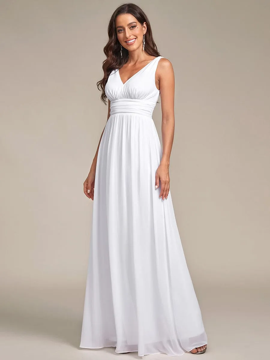 V Neck Sleeveless Pleated Chiffon Evening Dress