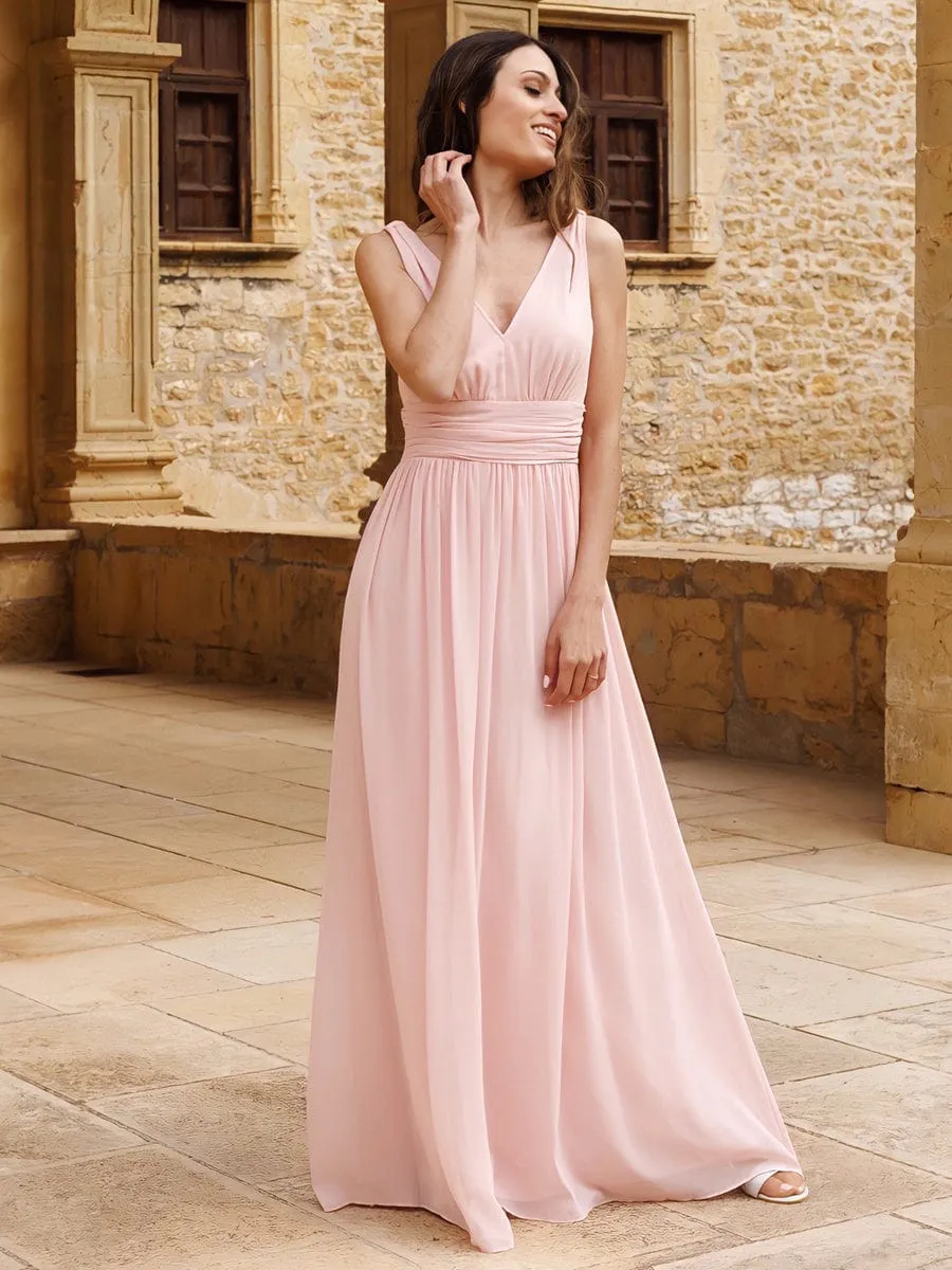 V Neck Sleeveless Pleated Chiffon Evening Dress