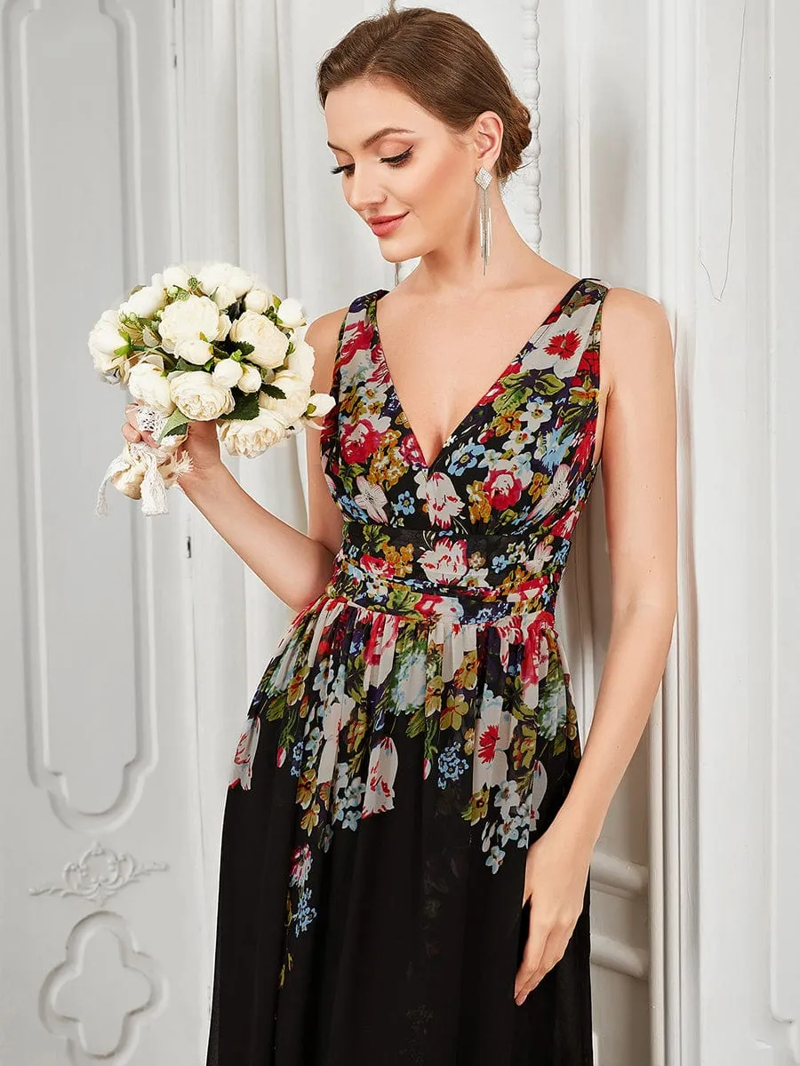 V Neck Sleeveless Pleated Chiffon Evening Dress