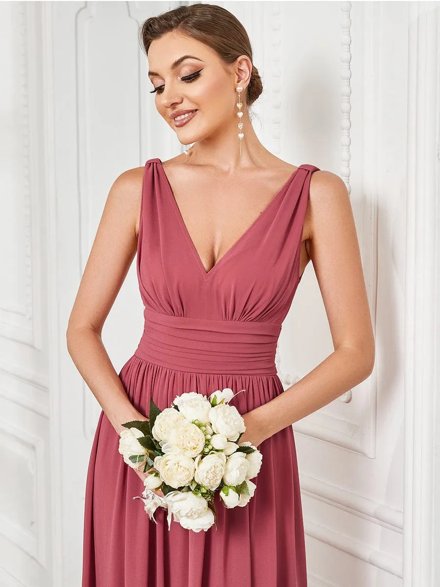 V Neck Sleeveless Pleated Chiffon Evening Dress