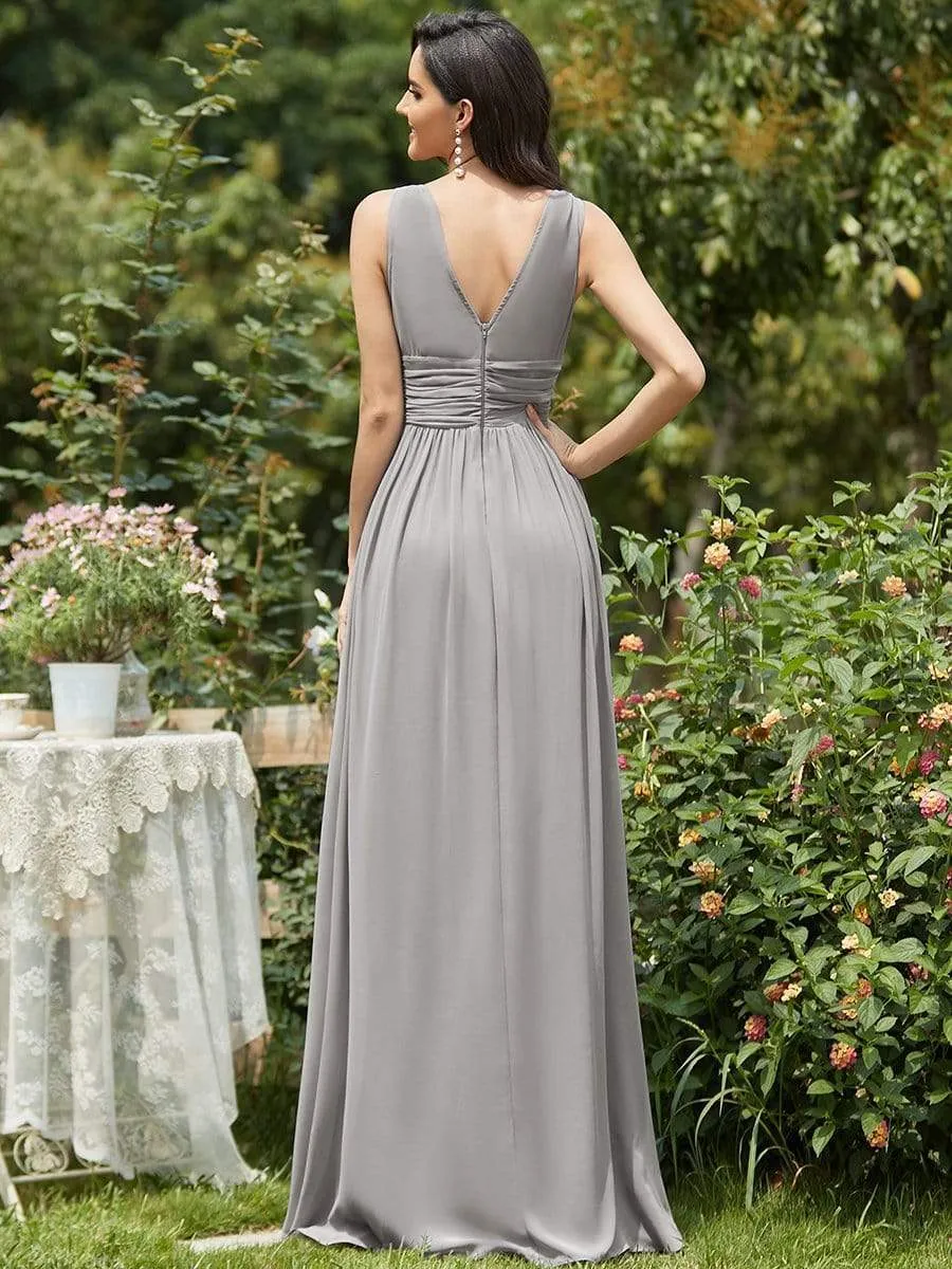 V Neck Sleeveless Pleated Chiffon Evening Dress