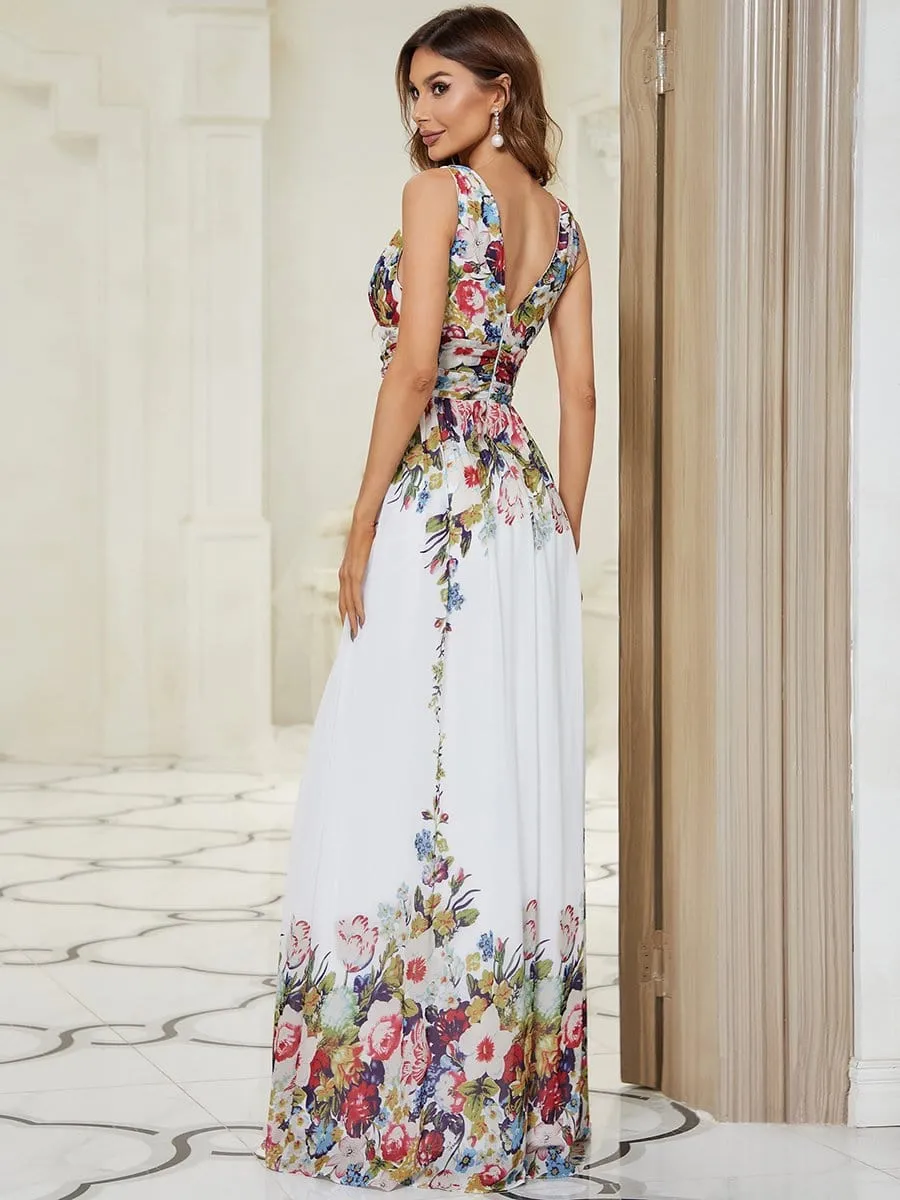 V Neck Sleeveless Pleated Chiffon Evening Dress