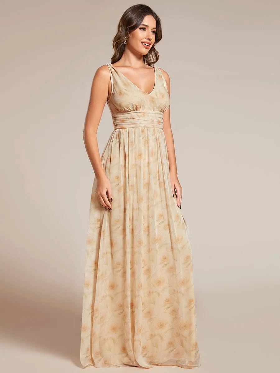 V Neck Sleeveless Pleated Chiffon Evening Dress