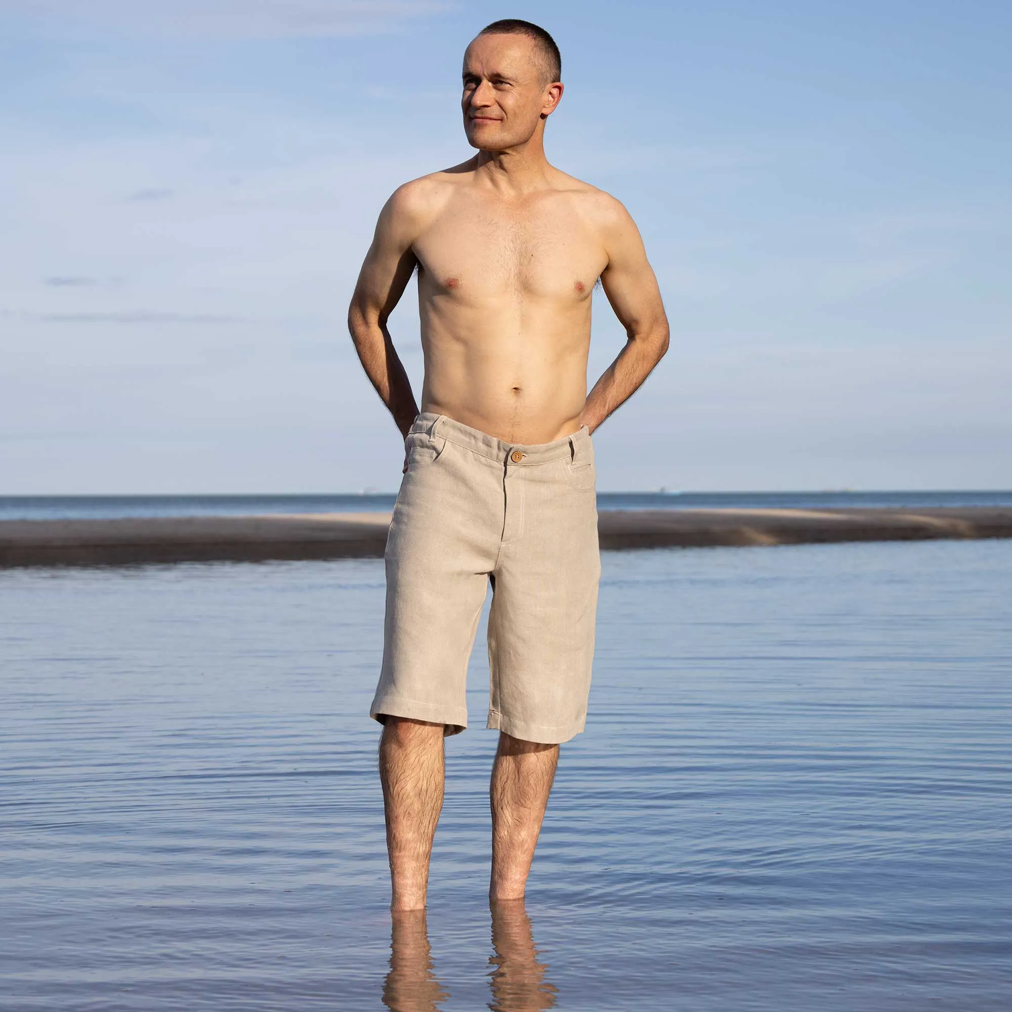 VERNON 100% Organic Linen Shorts (Covered Organic Elastic Waist, OC Thread, YKK Zippers) (99.9% Biodegradable)