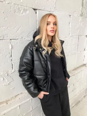 Women Crop Black Leather Puffer Jacket | QAWACH