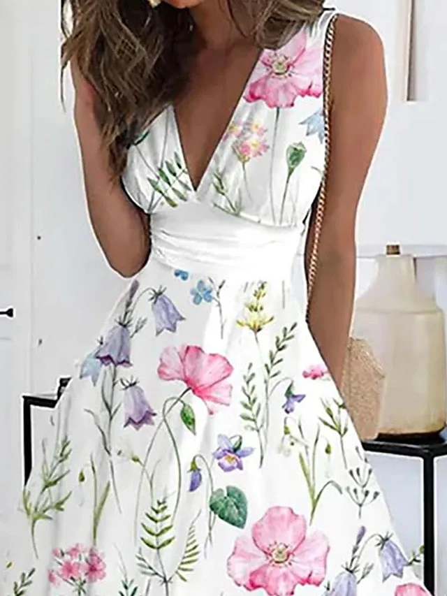 Women's Long Dress Maxi Dress Casual Dress Swing Dress A Line Dress Floral Fashion Streetwear Outdoor Daily Date Print Sleeveless V Neck Dress Regular Fit White Summer Spring S M L XL XXL