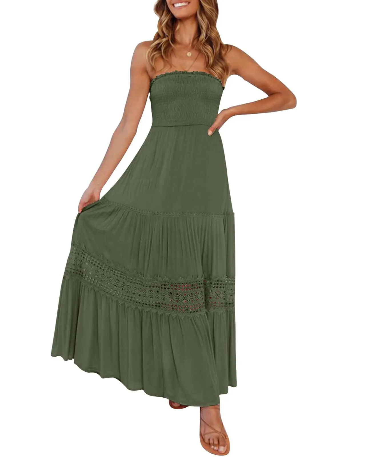 ZESICA Bohemian Strapless Lace Trim Backless Maxi Dress