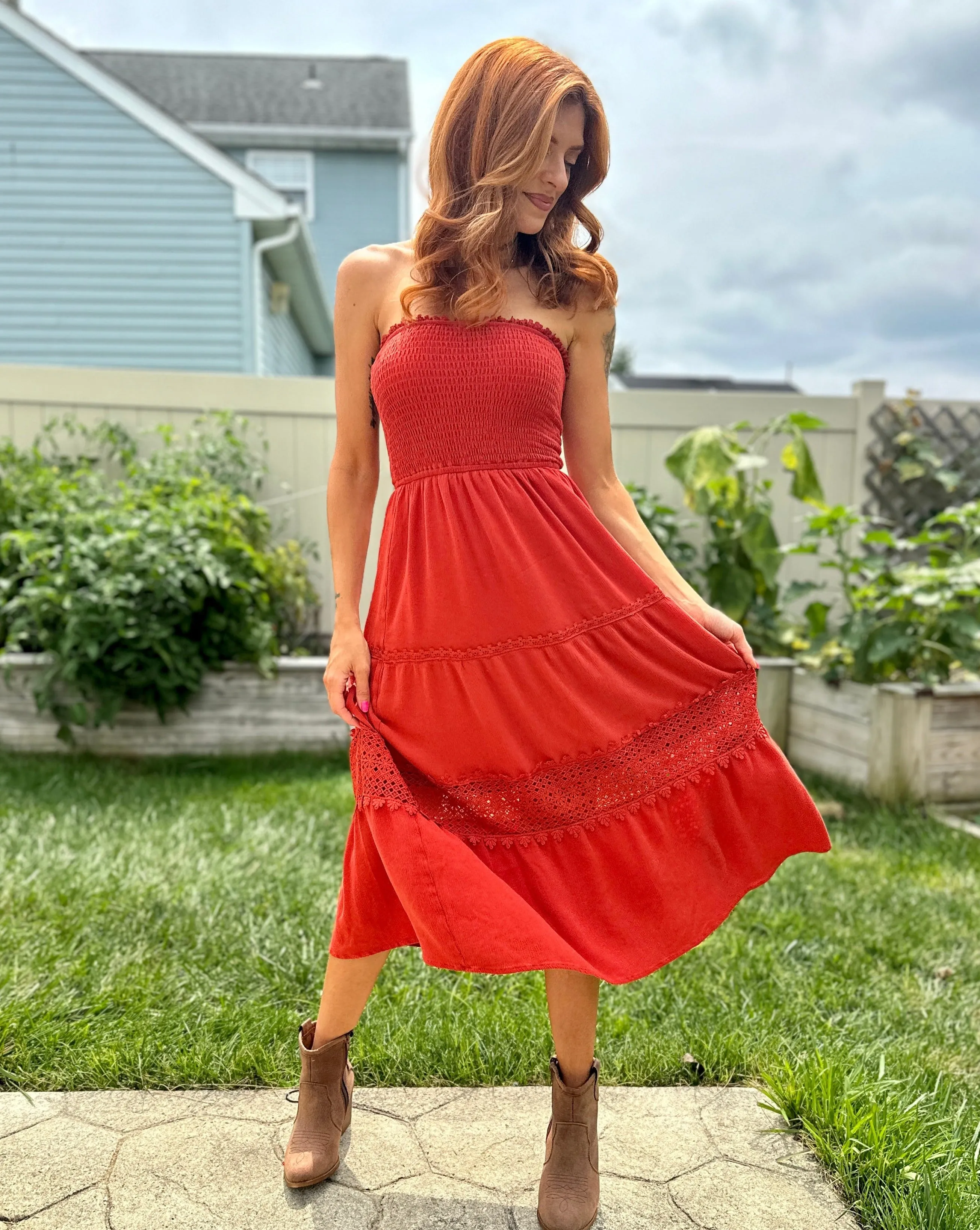 ZESICA Bohemian Strapless Lace Trim Backless Maxi Dress