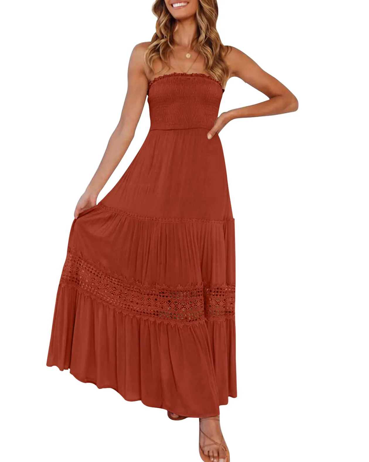ZESICA Bohemian Strapless Lace Trim Backless Maxi Dress