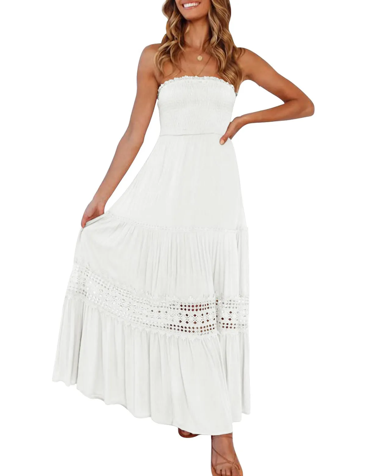 ZESICA Bohemian Strapless Lace Trim Backless Maxi Dress