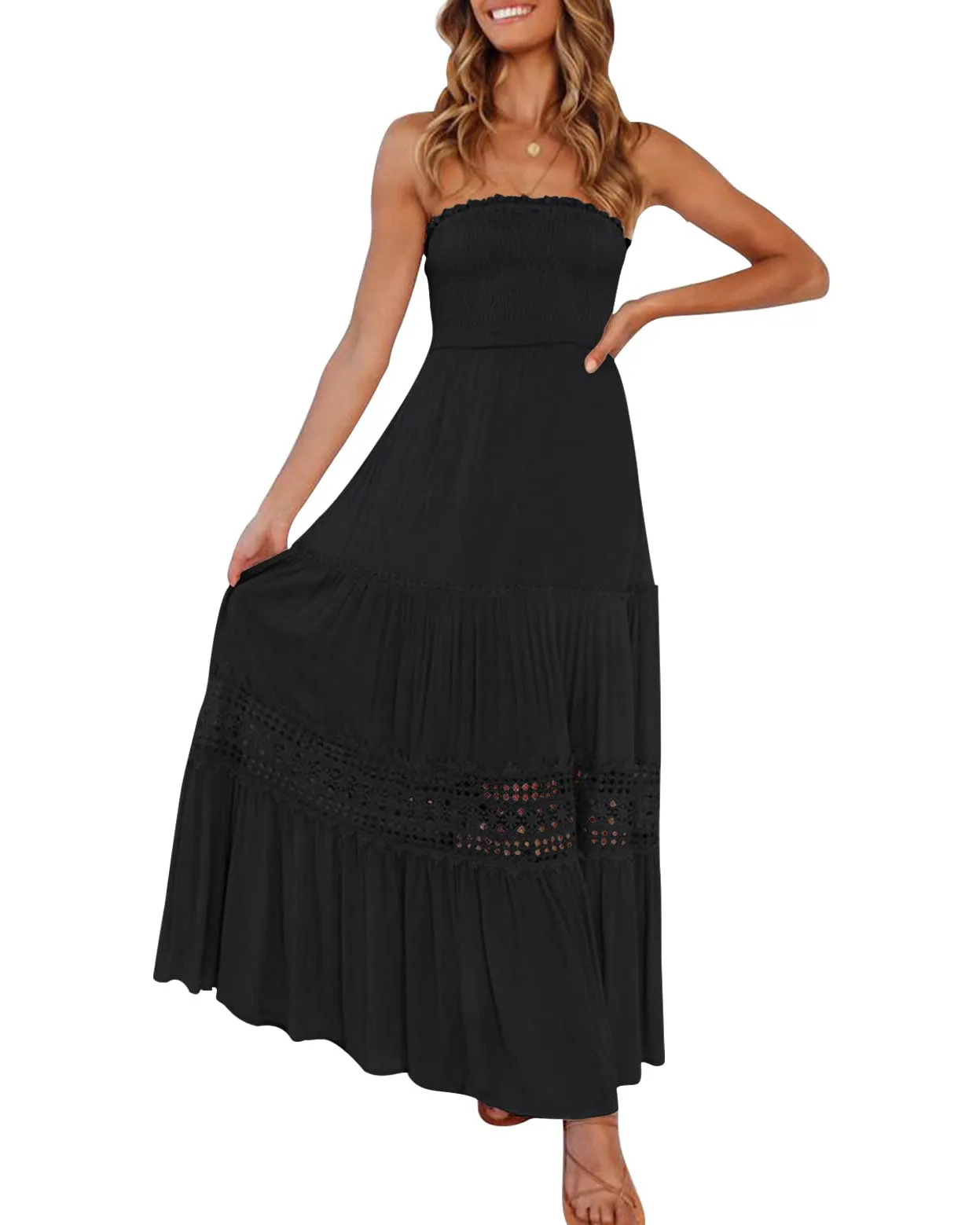 ZESICA Bohemian Strapless Lace Trim Backless Maxi Dress