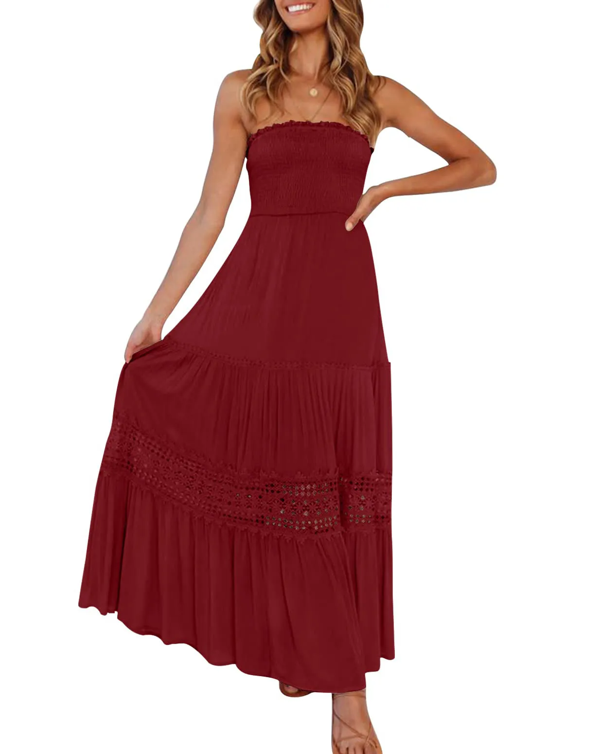 ZESICA Bohemian Strapless Lace Trim Backless Maxi Dress