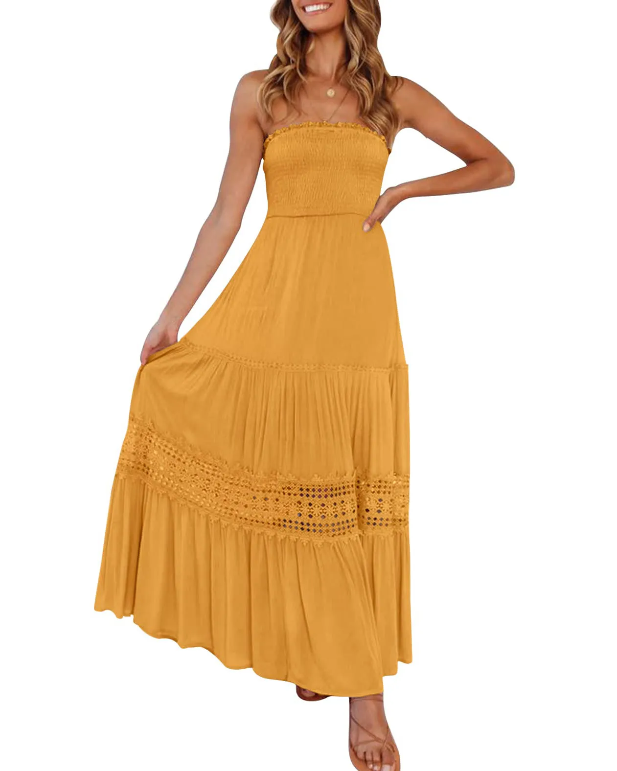 ZESICA Bohemian Strapless Lace Trim Backless Maxi Dress