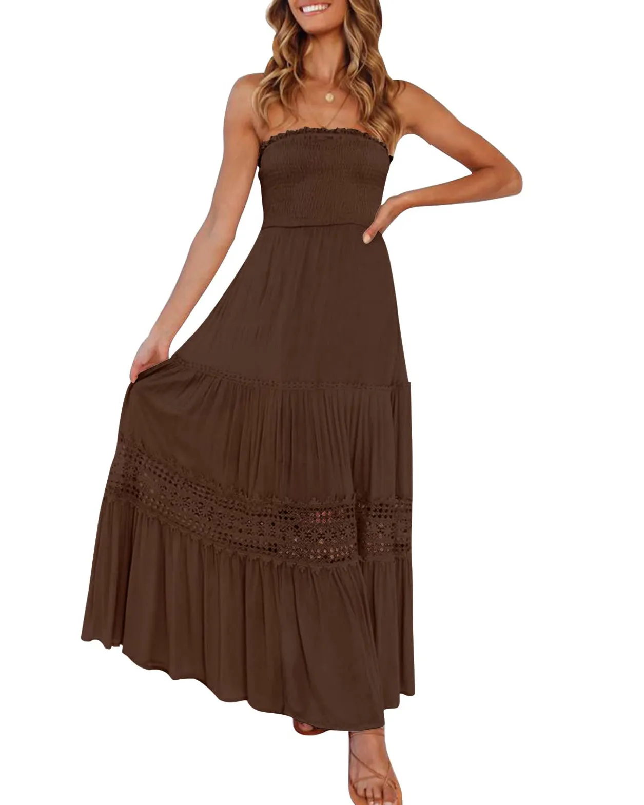 ZESICA Bohemian Strapless Lace Trim Backless Maxi Dress