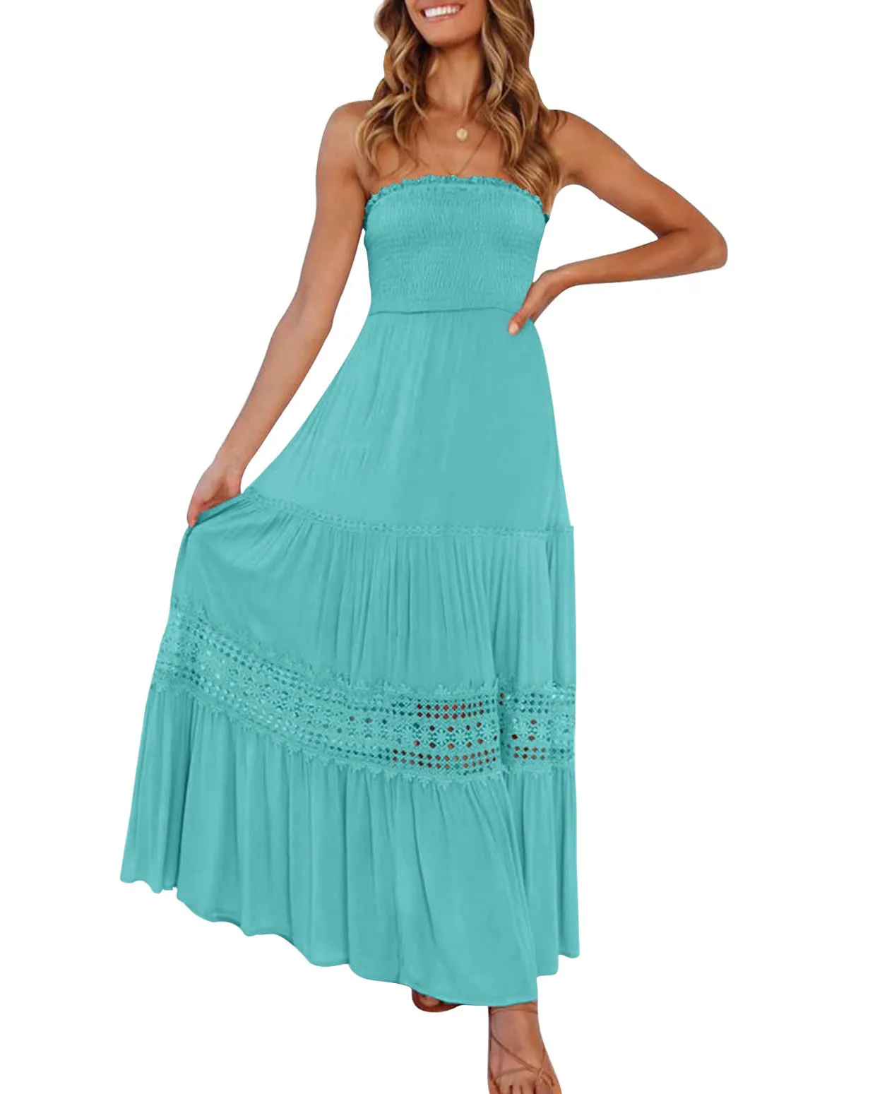 ZESICA Bohemian Strapless Lace Trim Backless Maxi Dress