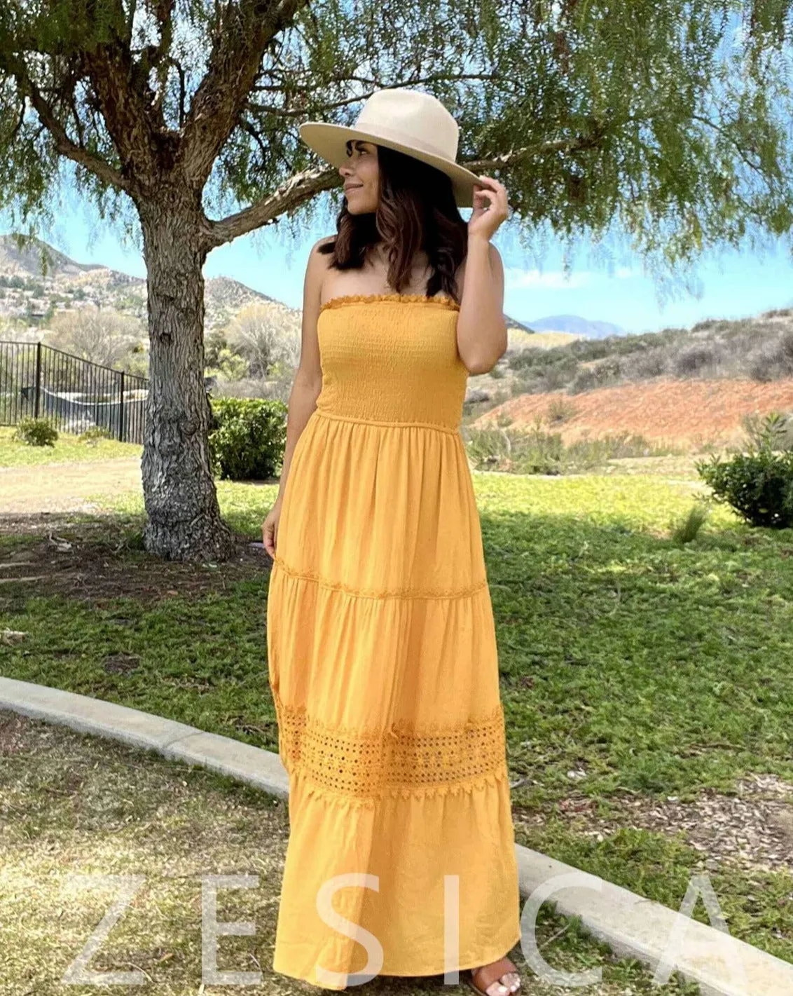 ZESICA Bohemian Strapless Lace Trim Backless Maxi Dress